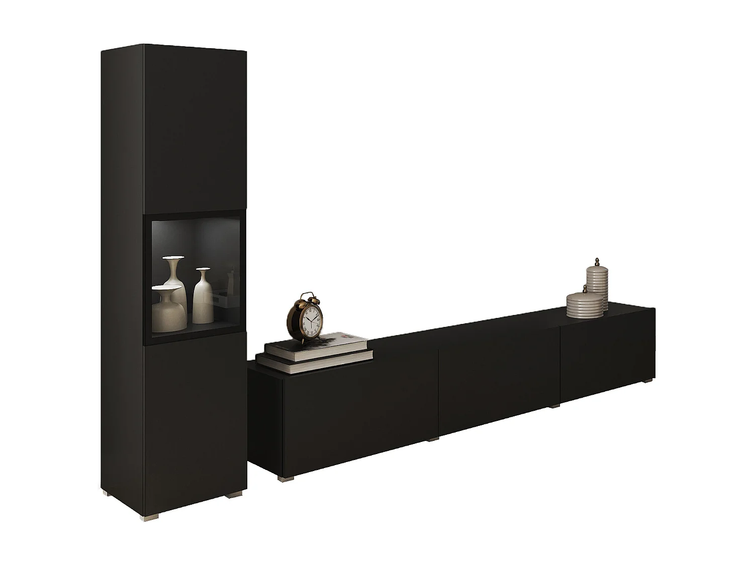 Mur TV de salon avec éclairage, ensemble suspendu et posé 2 éléments avec meuble TV 180 cm et vitrine, corps noir mat