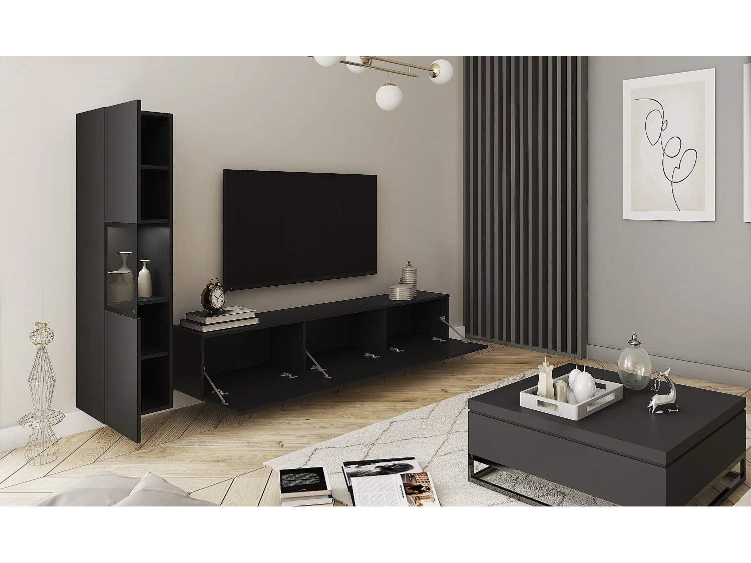 Mur TV de salon avec éclairage, ensemble suspendu et posé 2 éléments avec meuble TV 180 cm et vitrine, corps noir mat