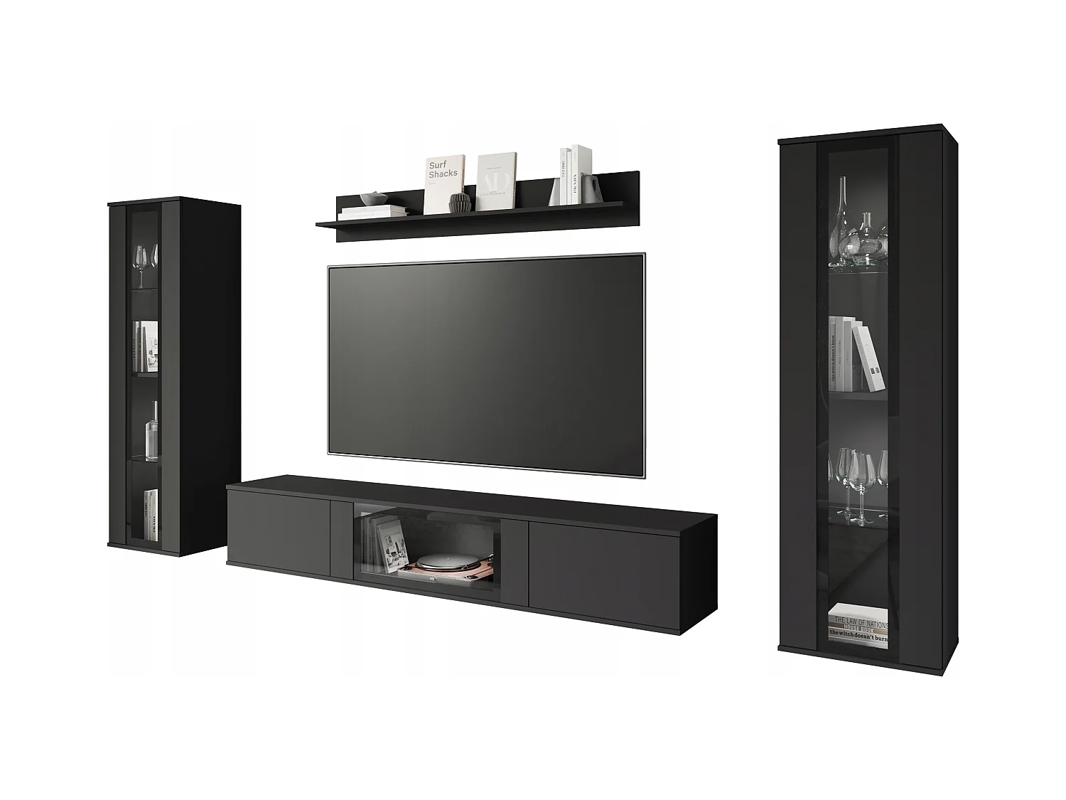 Mural de salon moderne avec LED mat 2 vitrines et meuble TV 180 cm noir mat