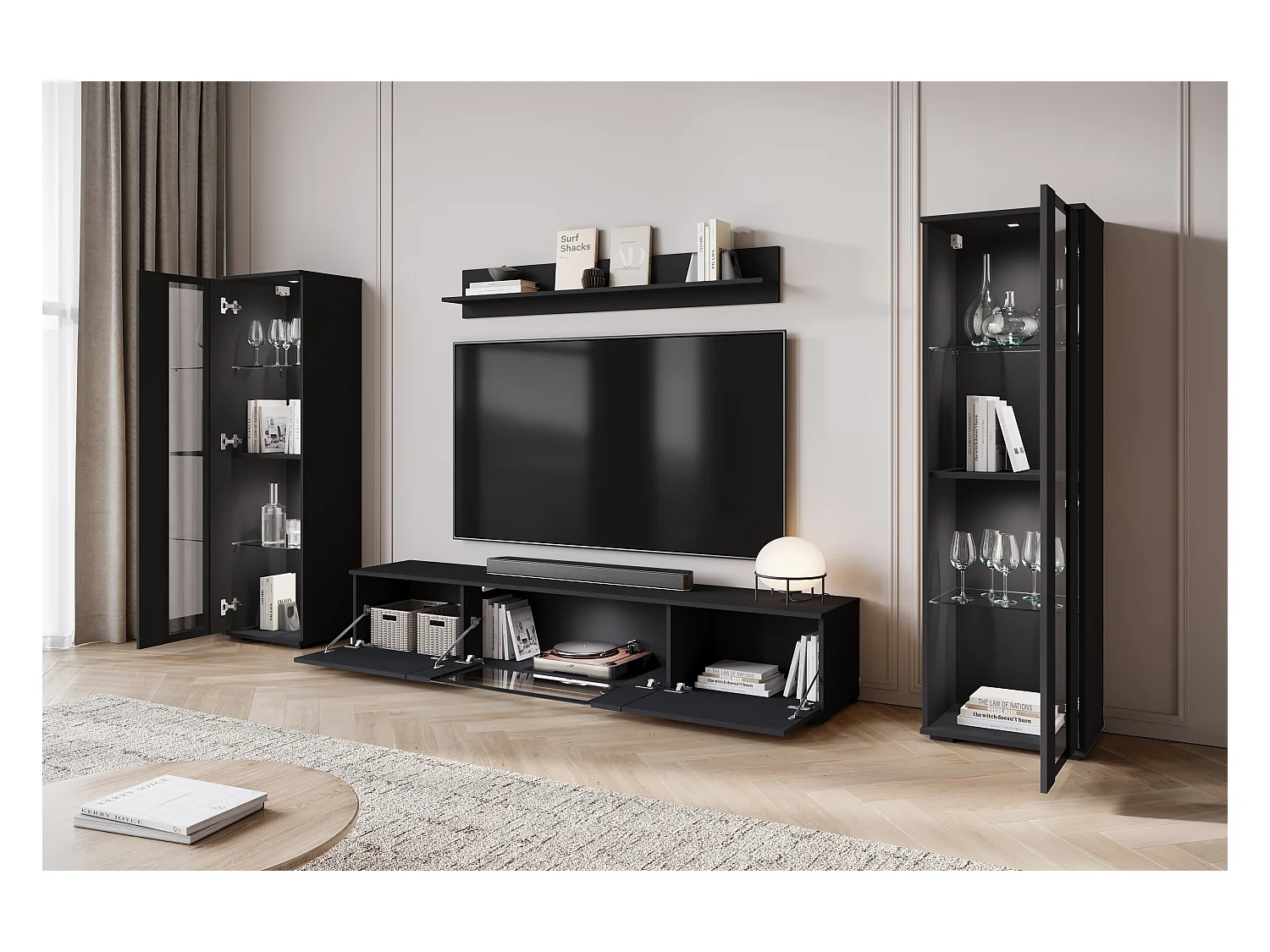 Mural de salon moderne avec LED mat 2 vitrines et meuble TV 180 cm noir mat