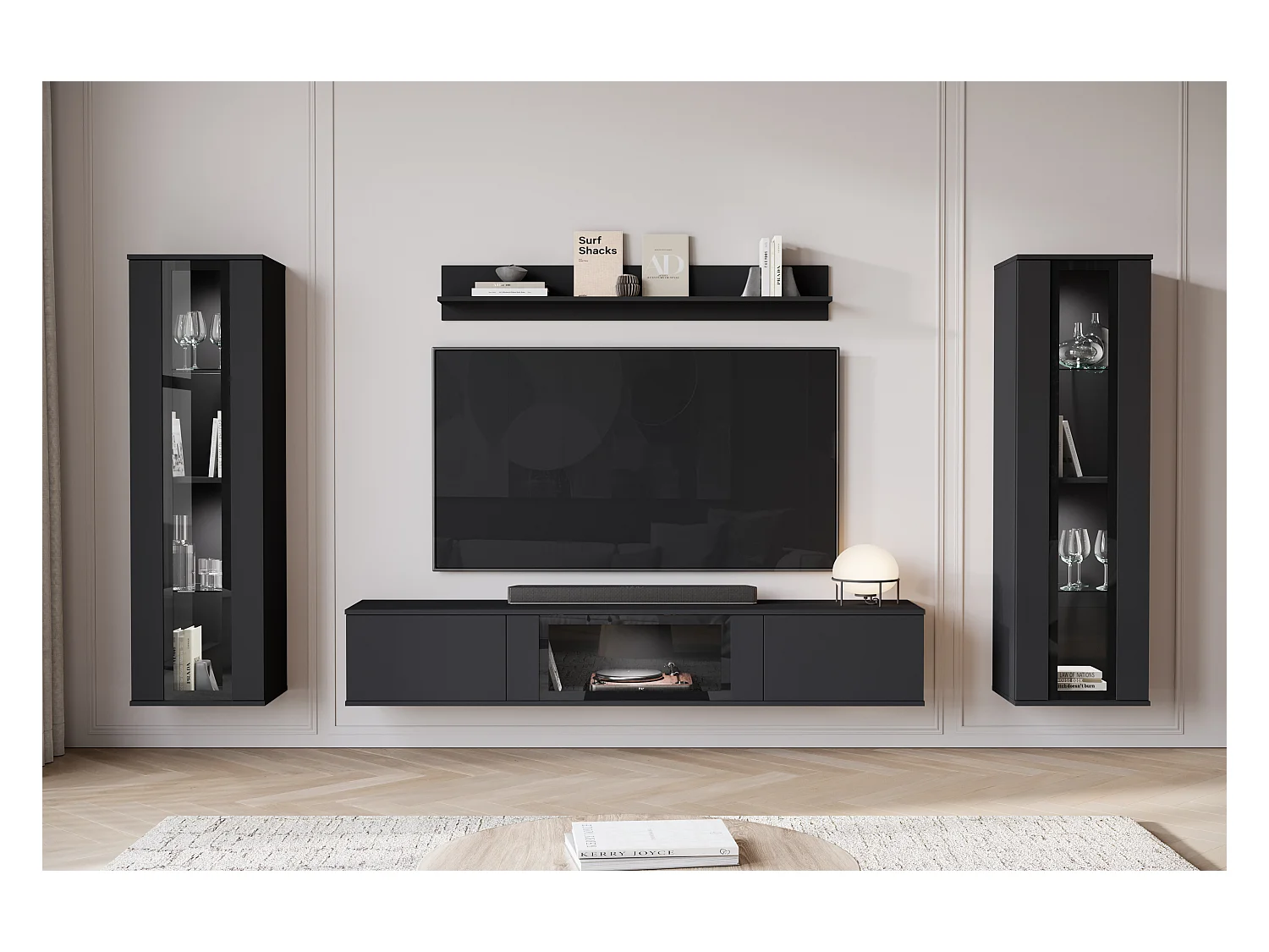 Mural de salon moderne avec LED mat 2 vitrines et meuble TV 180 cm noir mat