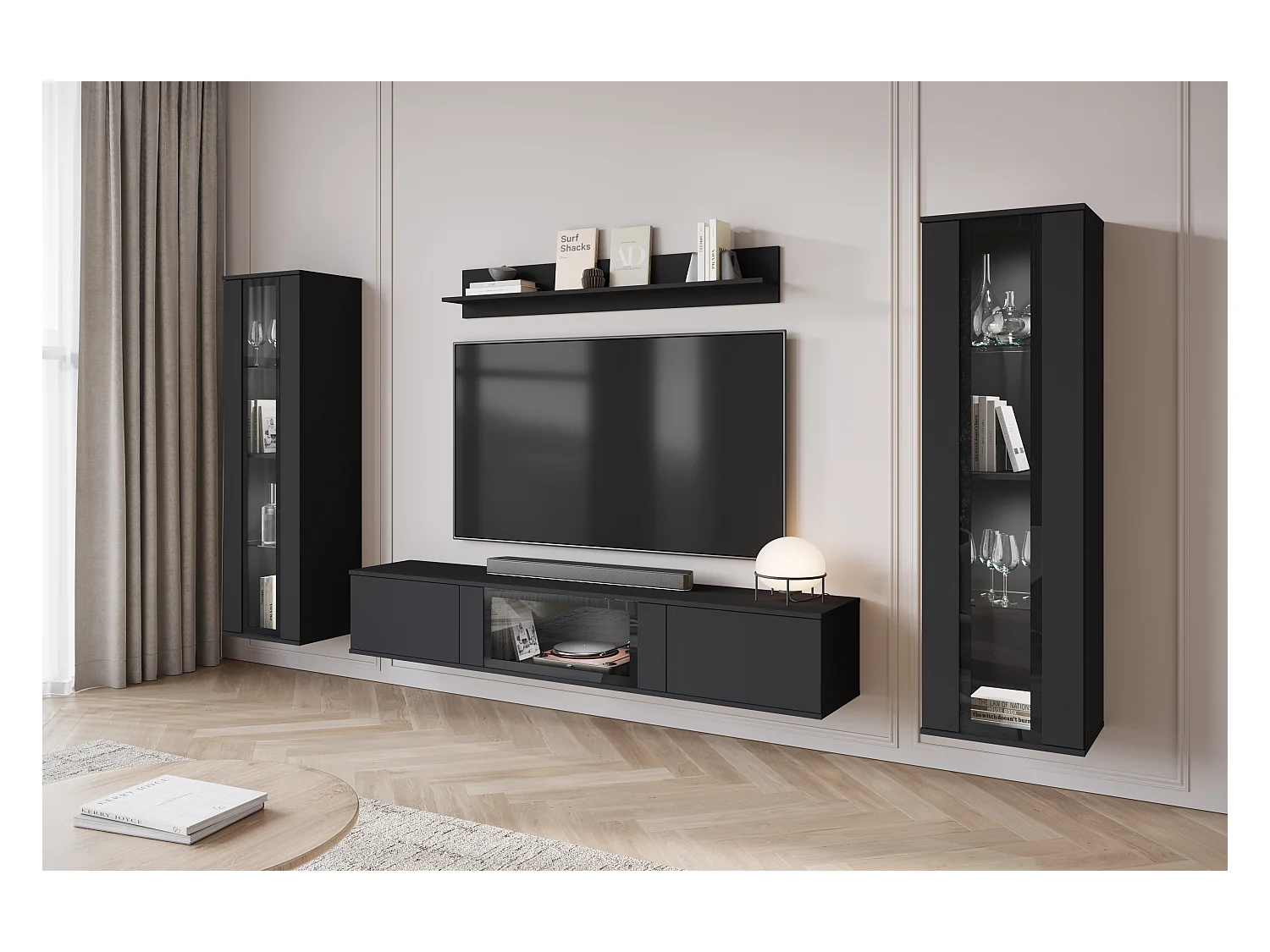 Mural de salon moderne avec LED mat 2 vitrines et meuble TV 180 cm noir mat