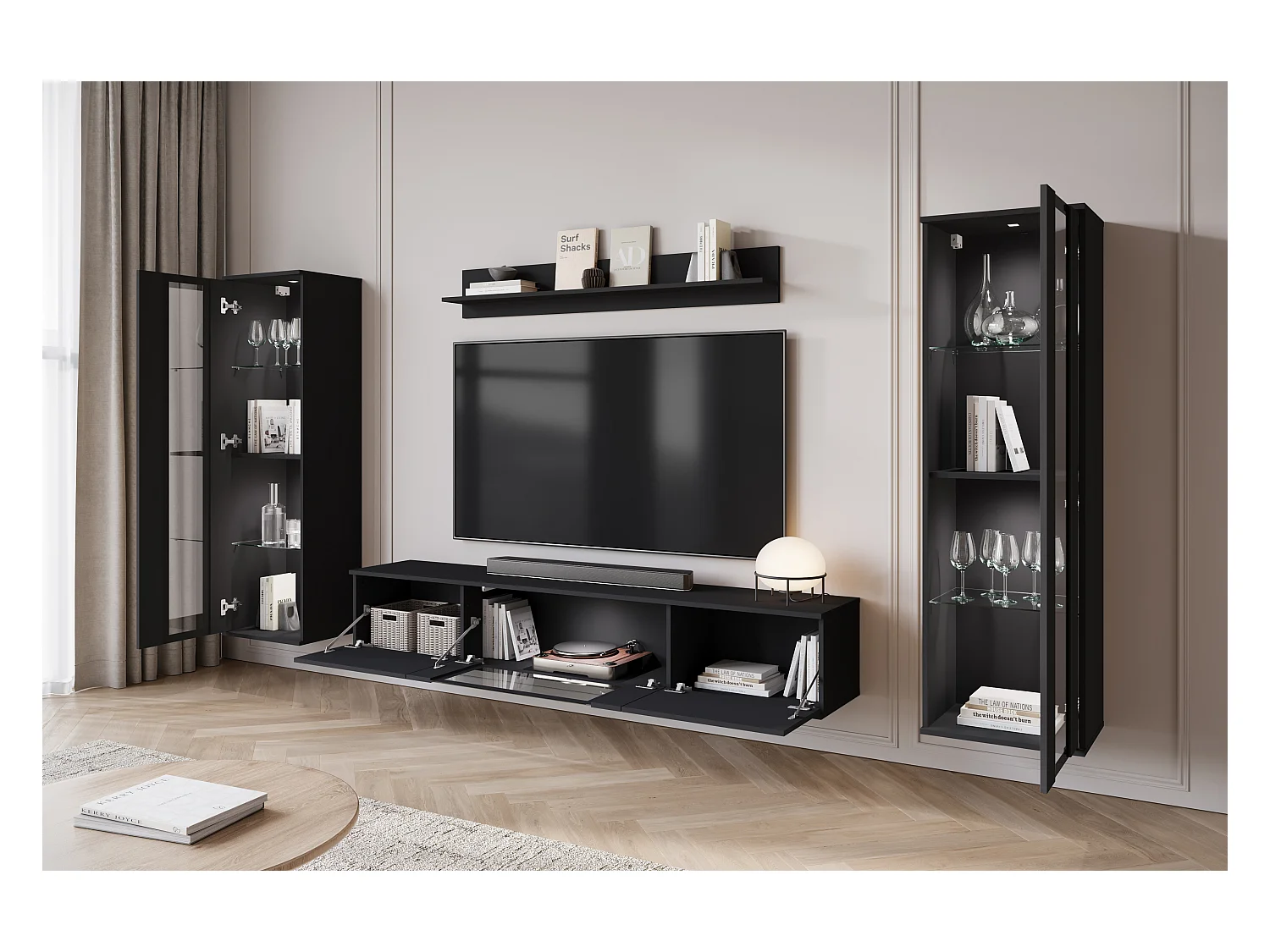 Mural de salon moderne avec LED mat 2 vitrines et meuble TV 180 cm noir mat