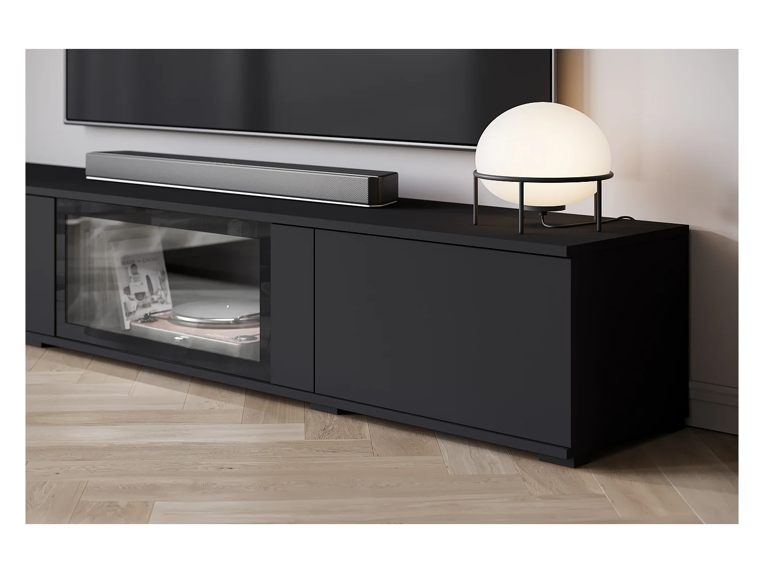 Mural de salon moderne avec LED mat 2 vitrines et meuble TV 180 cm noir mat