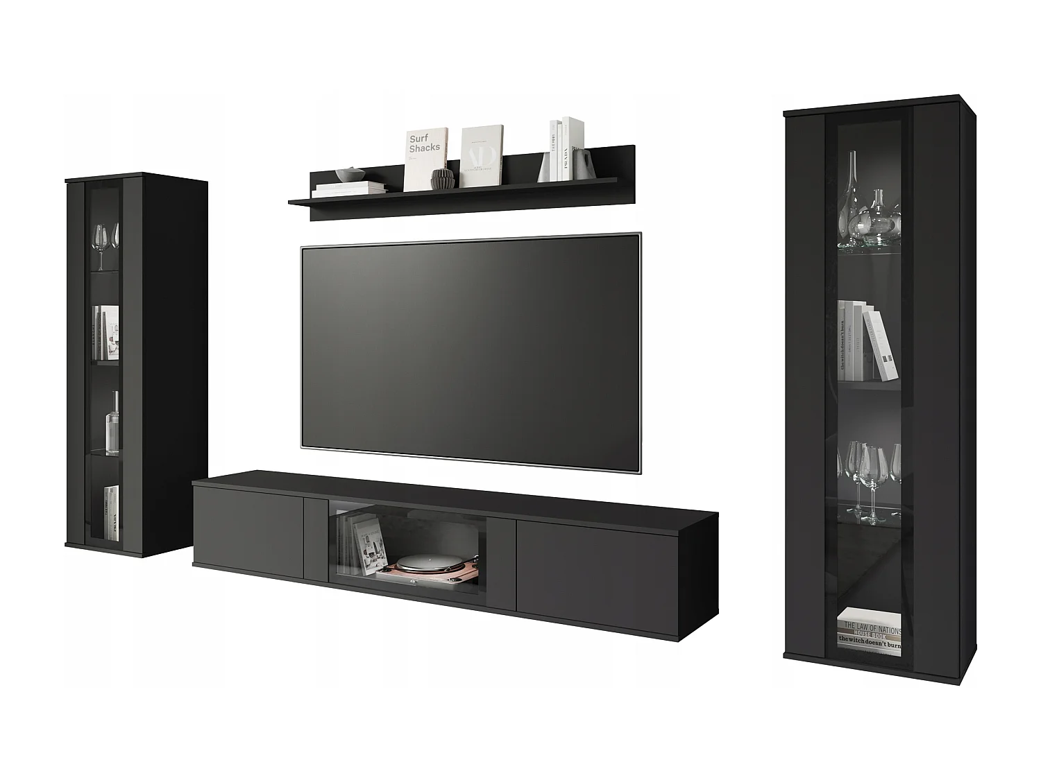 Mural de salon moderne avec LED mat 2 vitrines et meuble TV 180 cm noir mat