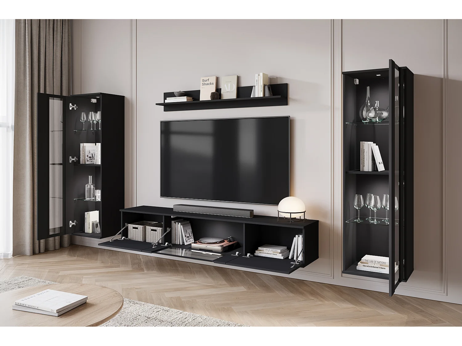 Mural de salon moderne avec LED mat 2 vitrines et meuble TV 180 cm noir mat