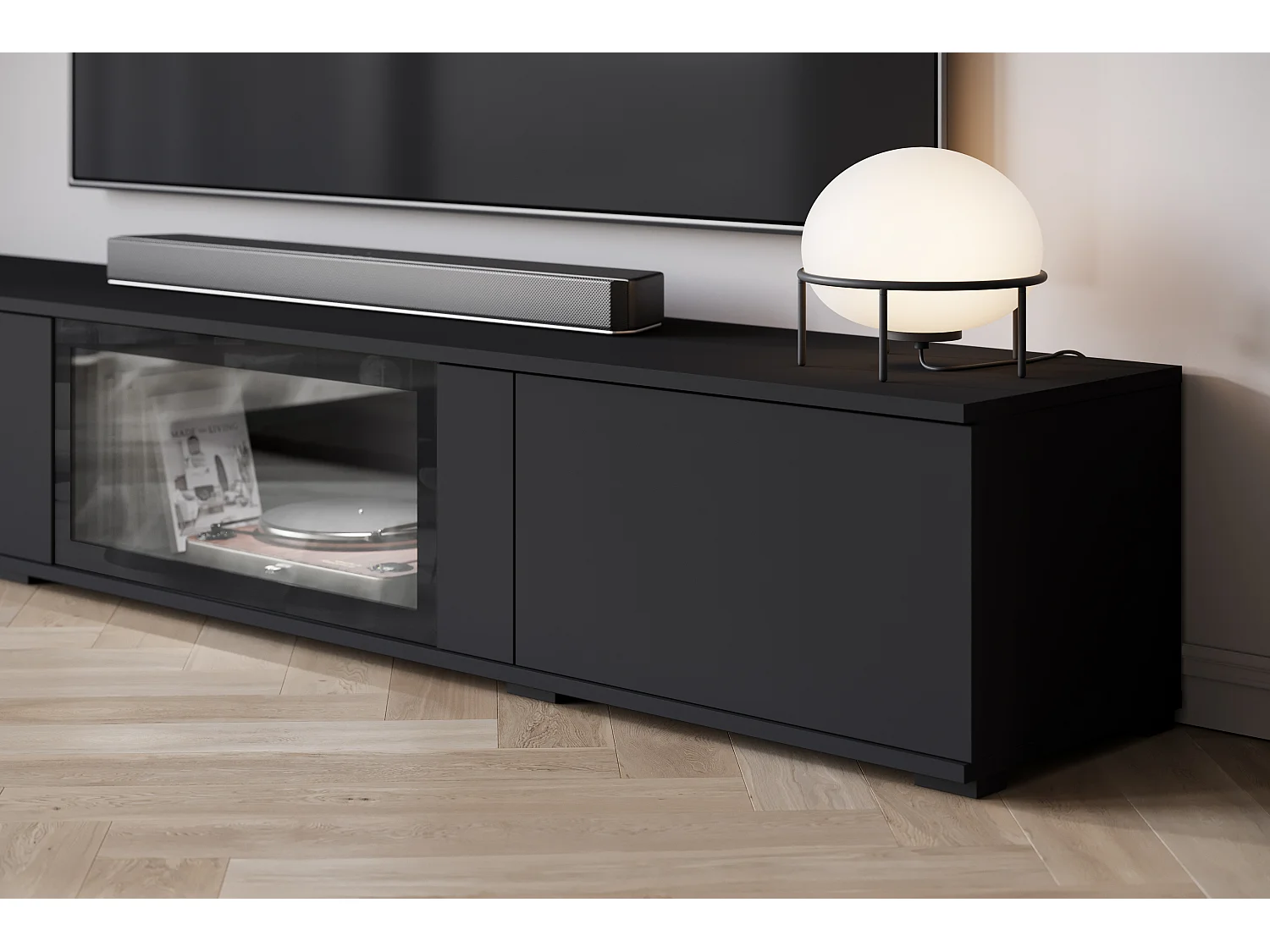 Mural de salon moderne avec LED mat 2 vitrines et meuble TV 180 cm noir mat