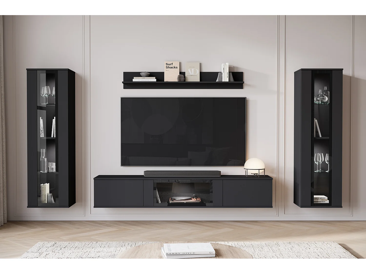 Modernes LED Mattschwarzes 180cm TV-Stand-Wandregal mit 2 Glasvitrinen