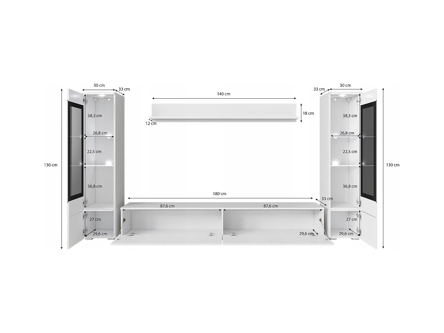 Ensemble de salon avec LED 4 éléments – meuble TV 180 cm, 2 vitrines et étagère, à poser ou suspendu, corps blanc mat, façades blanc brillant