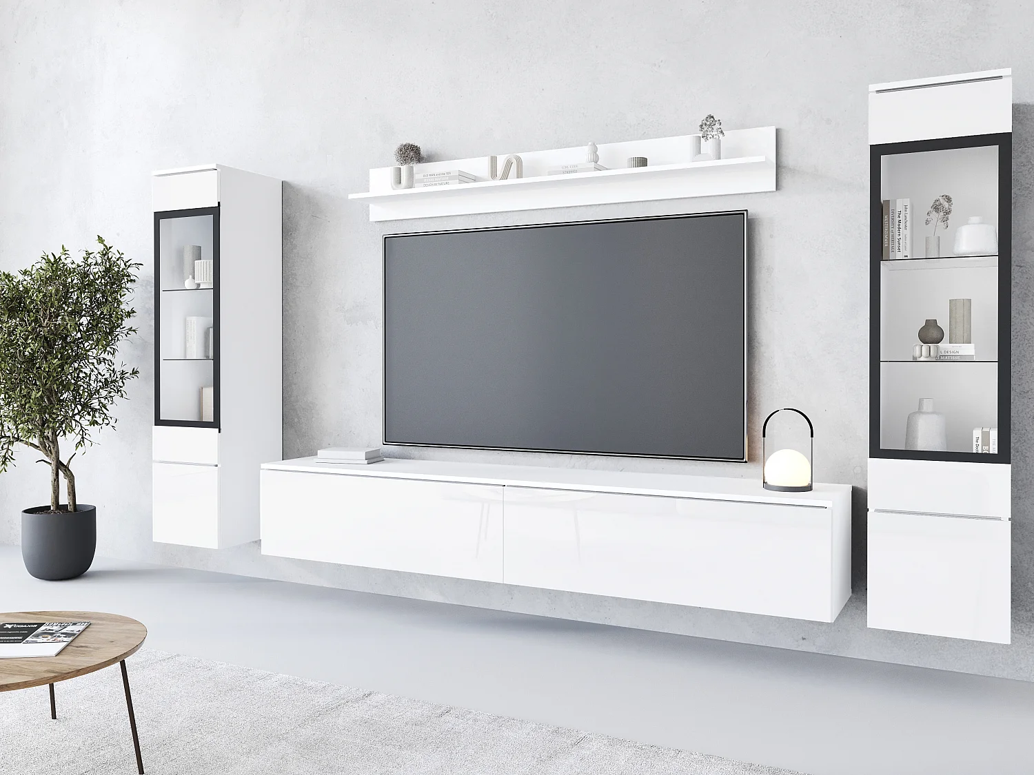 Modernes LED 4-teiliges Wohnzimmer-Set - TV-Ständer, 2 Vitrinenschränke, Regal, weißer matter Korpus, glänzende Fronten