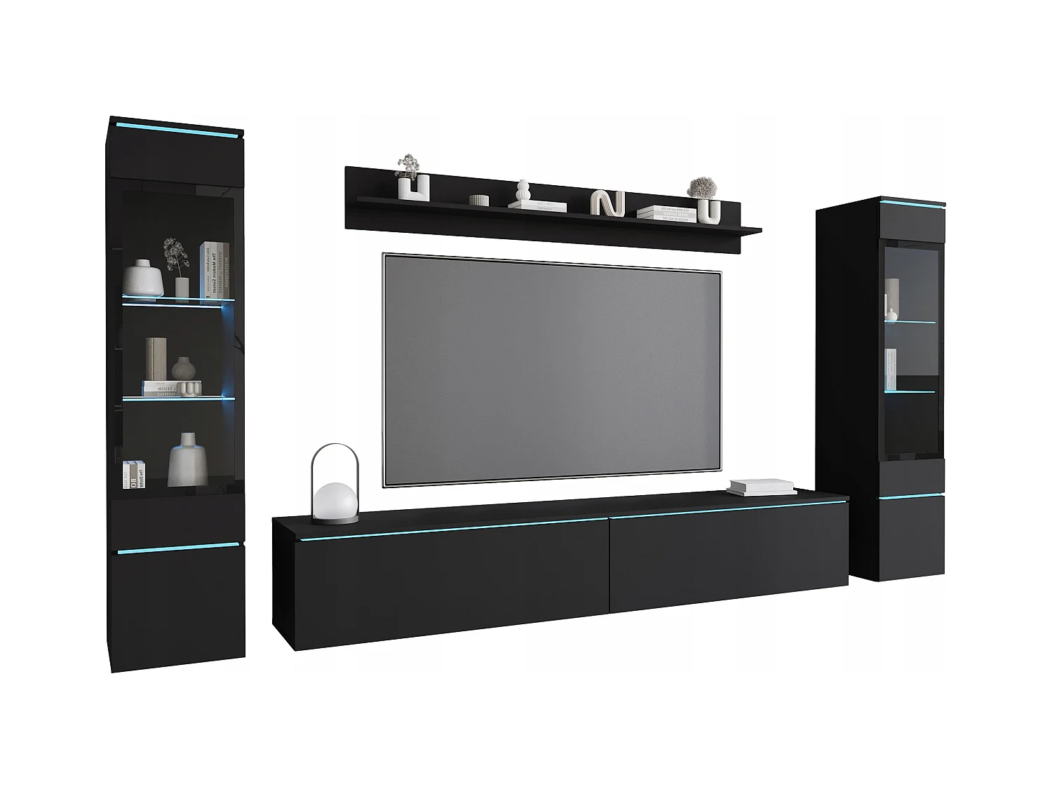 Ensemble de meubles pour salon avec LED 4 éléments – meuble TV 180 cm, 2 vitrines et étagère, composition murale debout ou suspendue noir mat