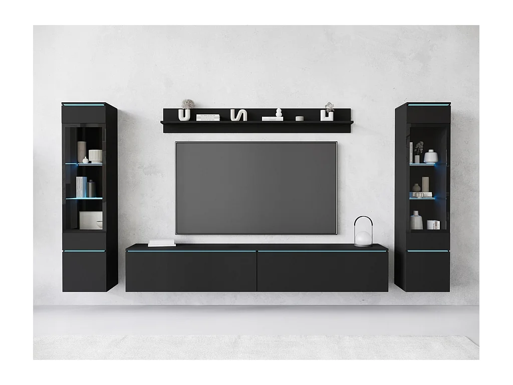 Ensemble de meubles pour salon avec LED 4 éléments – meuble TV 180 cm, 2 vitrines et étagère, composition murale debout ou suspendue noir mat