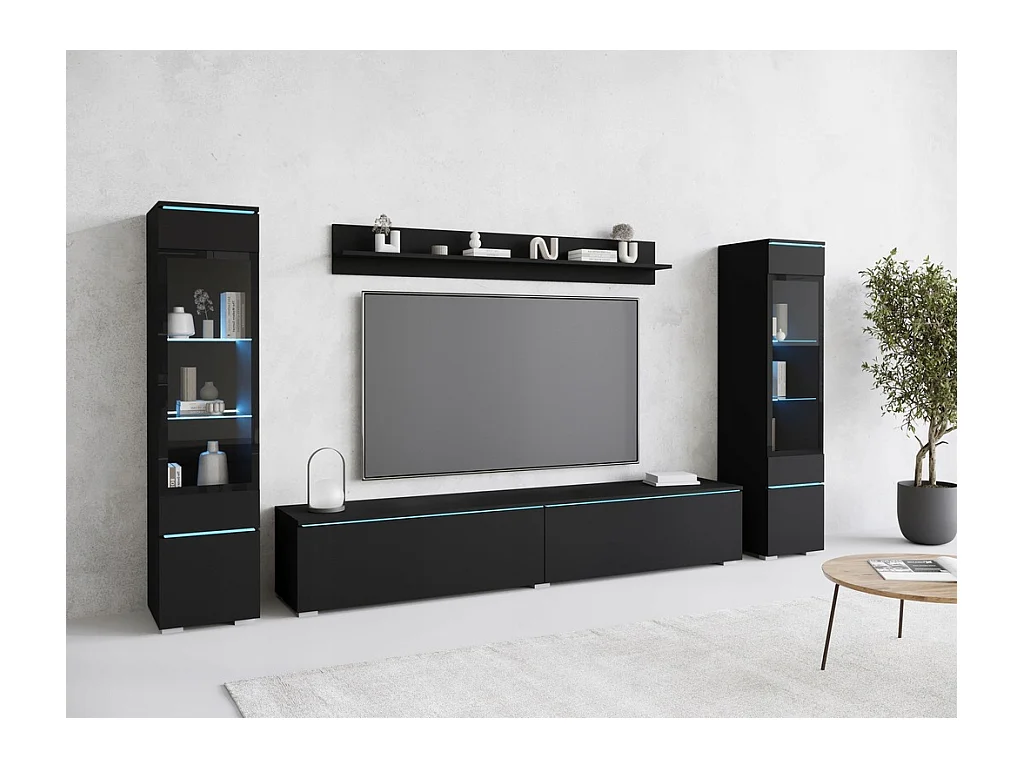 Ensemble de meubles pour salon avec LED 4 éléments – meuble TV 180 cm, 2 vitrines et étagère, composition murale debout ou suspendue noir mat