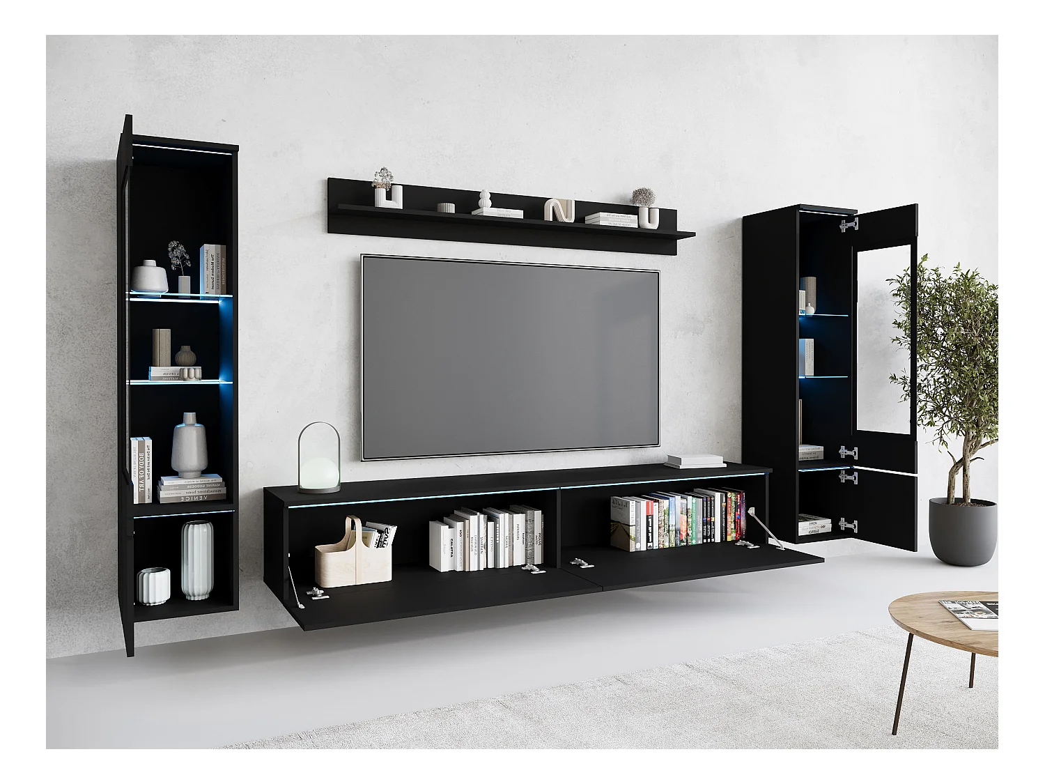 Ensemble de meubles pour salon avec LED 4 éléments – meuble TV 180 cm, 2 vitrines et étagère, composition murale debout ou suspendue noir mat