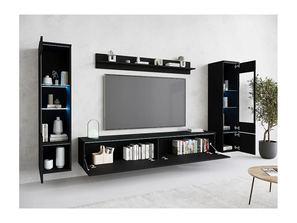 Ensemble de meubles pour salon avec LED 4 éléments – meuble TV 180 cm, 2 vitrines et étagère, composition murale debout ou suspendue noir mat