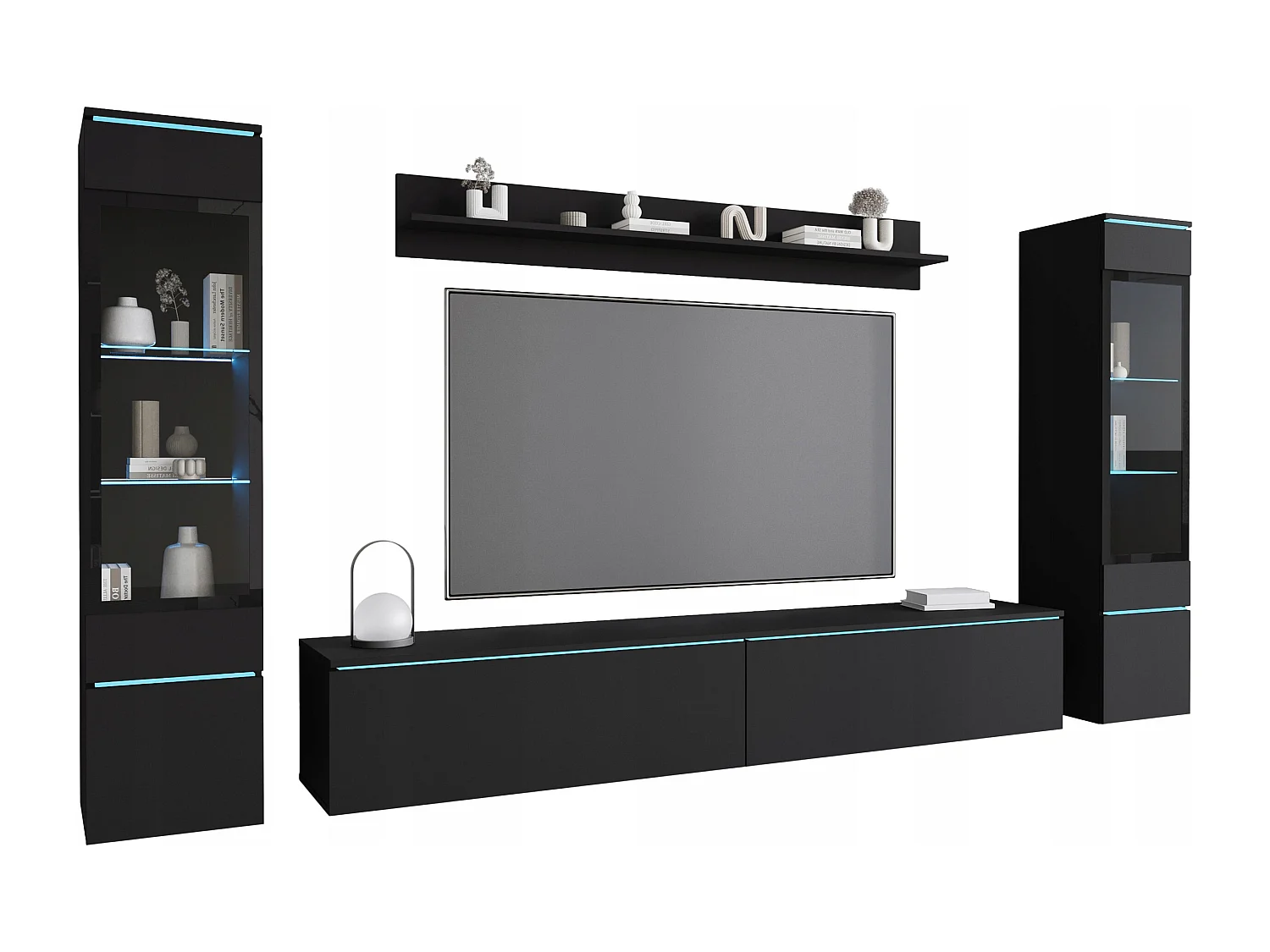 Ensemble de meubles pour salon avec LED 4 éléments – meuble TV 180 cm, 2 vitrines et étagère, composition murale debout ou suspendue noir mat