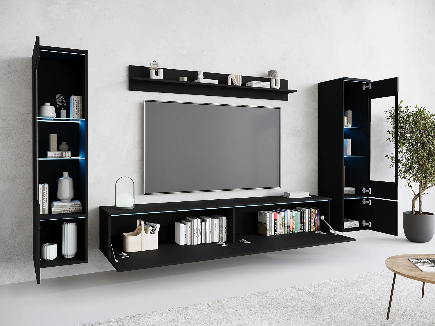 Ensemble de meubles pour salon avec LED 4 éléments – meuble TV 180 cm, 2 vitrines et étagère, composition murale debout ou suspendue noir mat