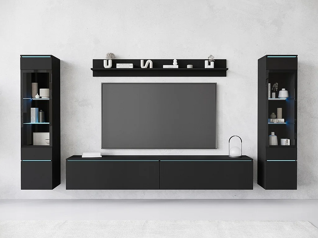 Ensemble de meubles pour salon avec LED 4 éléments – meuble TV 180 cm, 2 vitrines et étagère, composition murale debout ou suspendue noir mat
