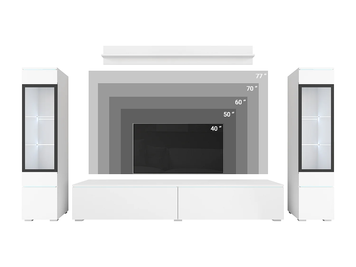 Ensemble de meubles pour salon avec LED 4 éléments – meuble TV 180 cm, 2 vitrines et étagère, composition murale debout ou suspendue noir mat