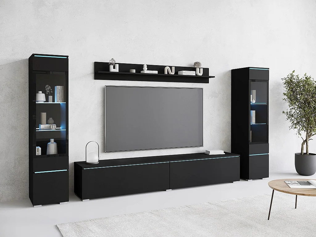 Modernes 4-teiliges LED-Wohnzimmermöbelset - TV-Ständer, 2 Glastüren, Wandregal, Mattschwarz