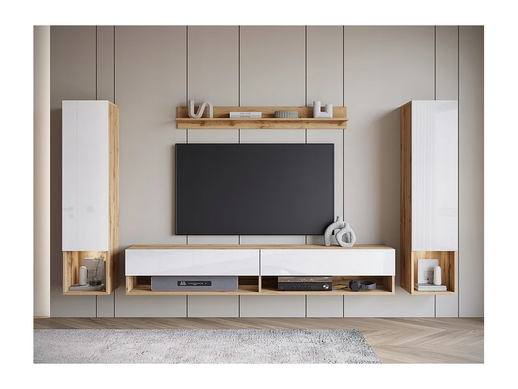 Mur TV moderne avec LED – ensemble mural suspendu pour salon 2 colonnes + meuble TV 180 cm + étagère, corps chêne wotan, façades blanc brillant