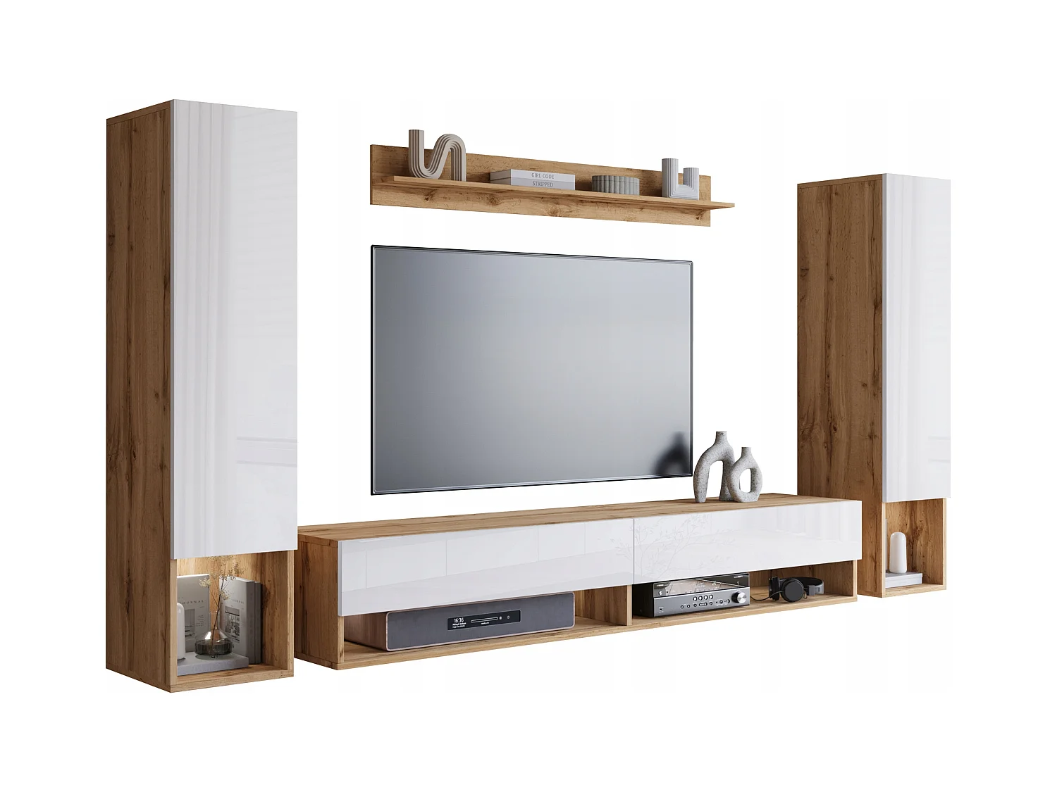 Mur TV moderne avec LED – ensemble mural suspendu pour salon 2 colonnes + meuble TV 180 cm + étagère, corps chêne wotan, façades blanc brillant