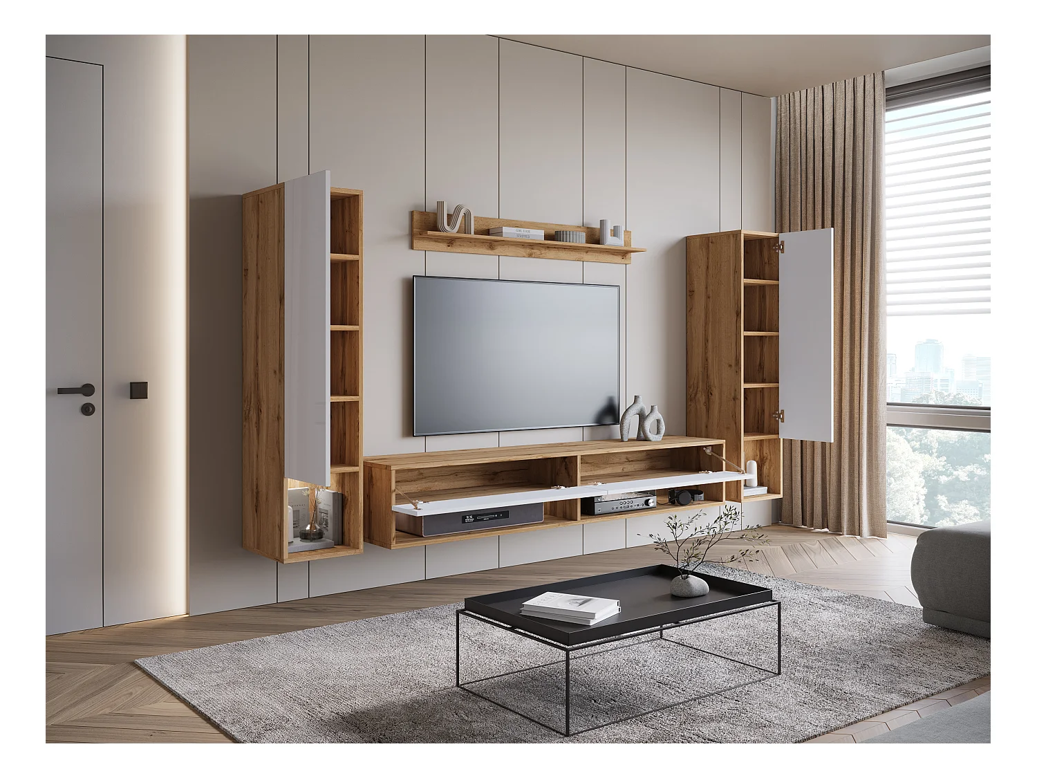 Mur TV moderne avec LED – ensemble mural suspendu pour salon 2 colonnes + meuble TV 180 cm + étagère, corps chêne wotan, façades blanc brillant
