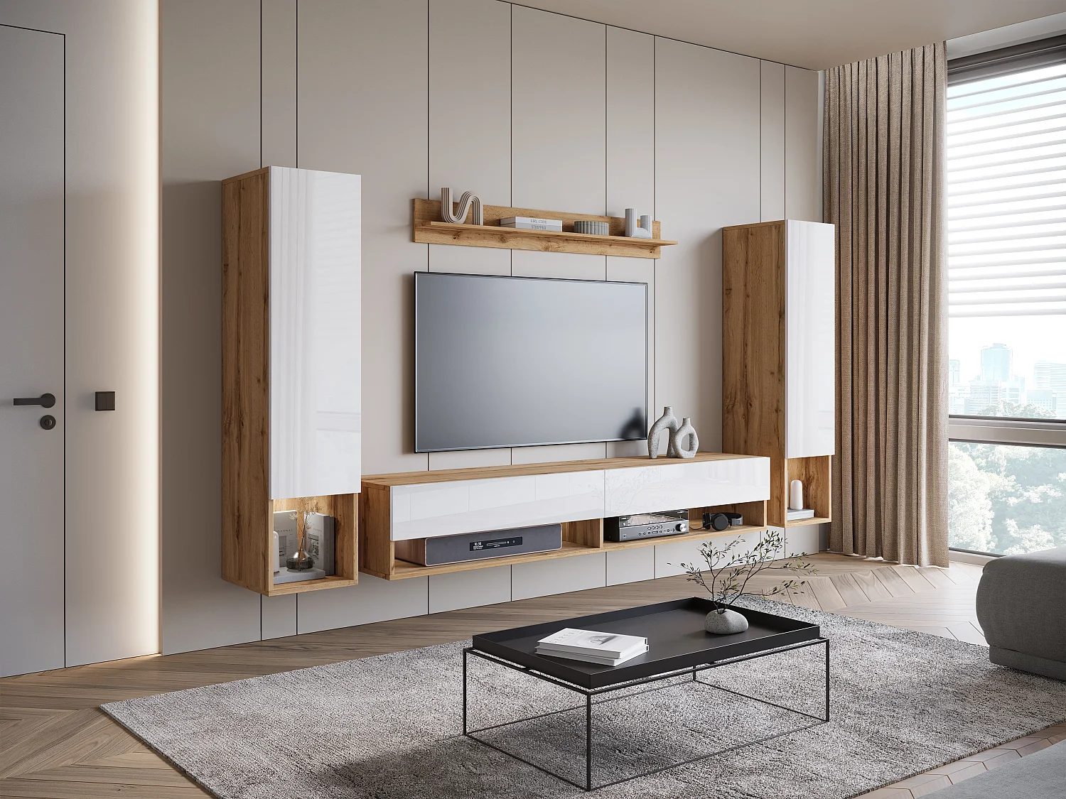 Mur TV moderne avec LED – ensemble mural suspendu pour salon 2 colonnes + meuble TV 180 cm + étagère, corps chêne wotan, façades blanc brillant