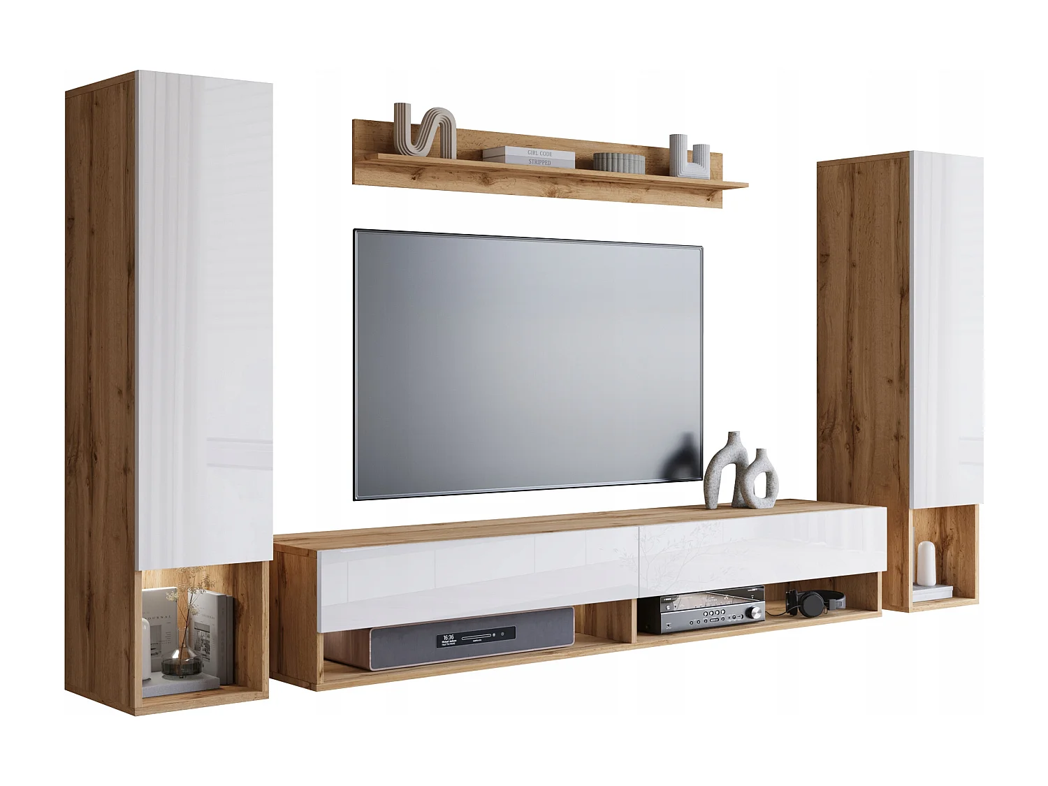 Mur TV moderne avec LED – ensemble mural suspendu pour salon 2 colonnes + meuble TV 180 cm + étagère, corps chêne wotan, façades blanc brillant