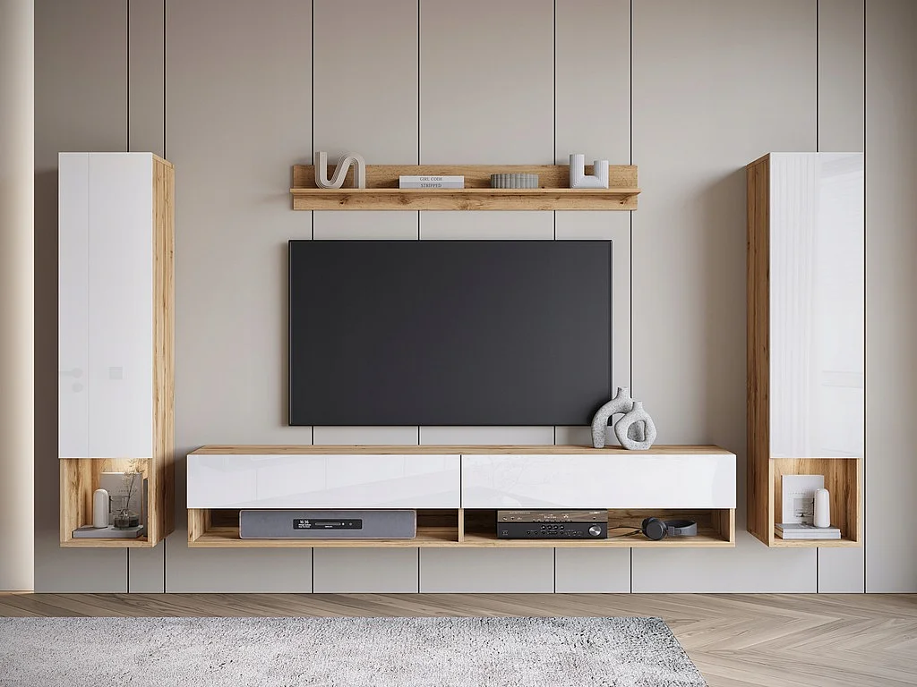 Mur TV moderne avec LED – ensemble mural suspendu pour salon 2 colonnes + meuble TV 180 cm + étagère, corps chêne wotan, façades blanc brillant
