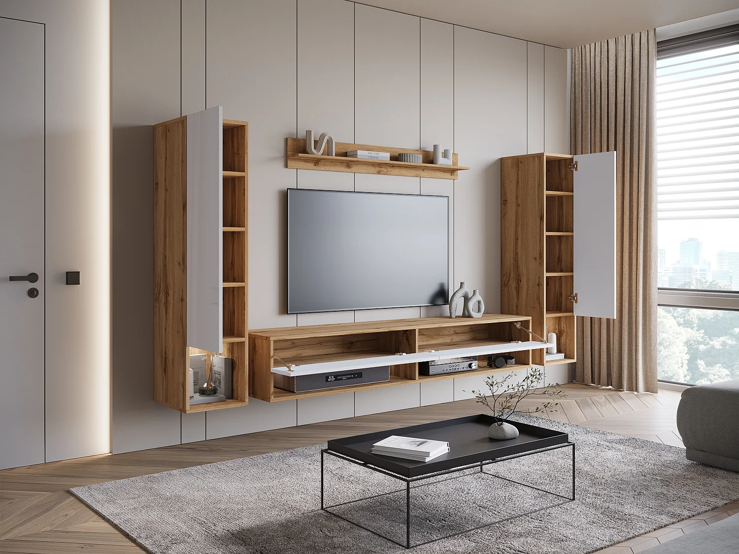 Mur TV moderne avec LED – ensemble mural suspendu pour salon 2 colonnes + meuble TV 180 cm + étagère, corps chêne wotan, façades blanc brillant