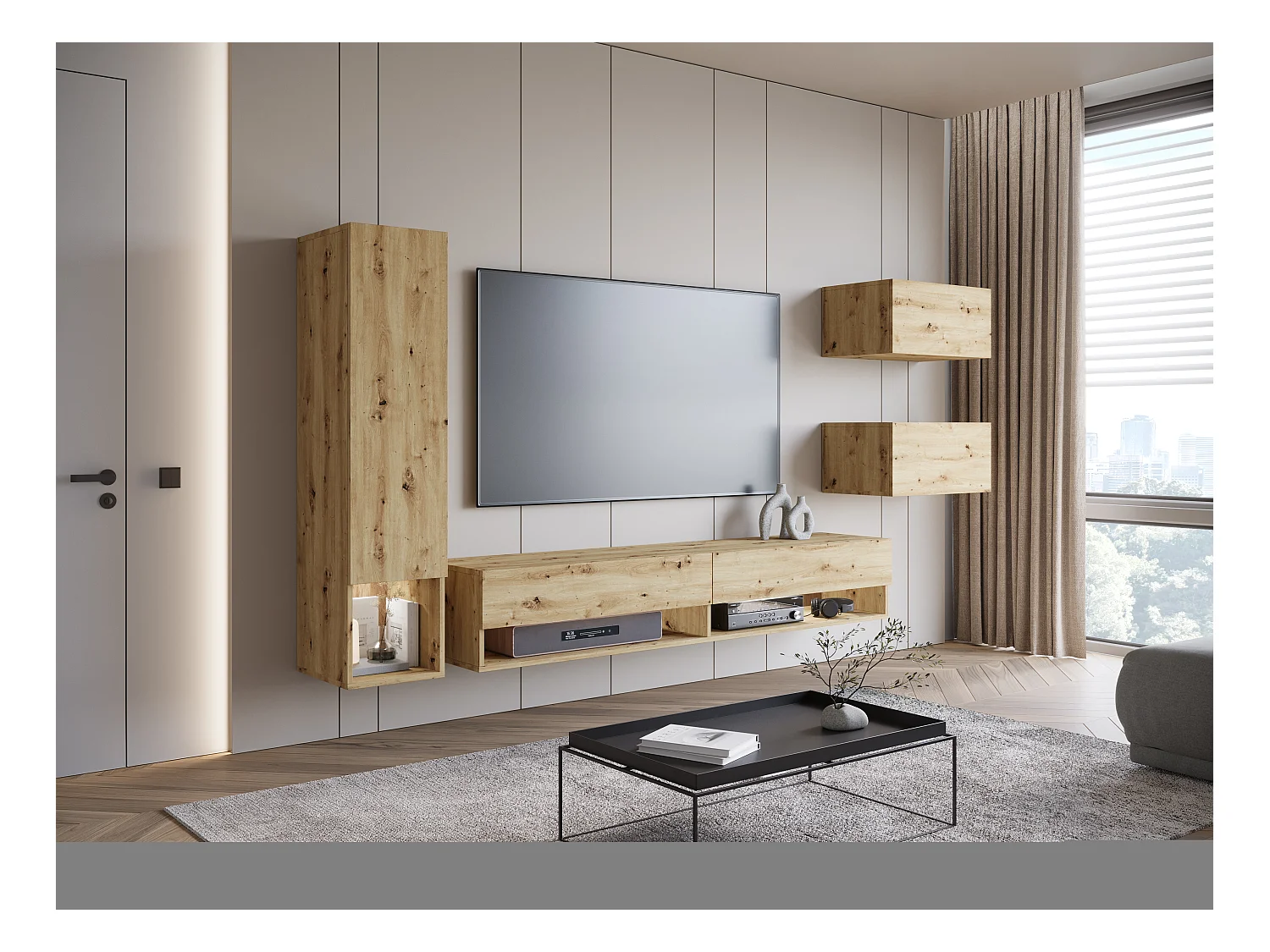 Nowoczesna meblościanka 4-elem. z LED – wiszący zestaw RTV 180 cm, ze słupkiem i szafkami, dąb artisan