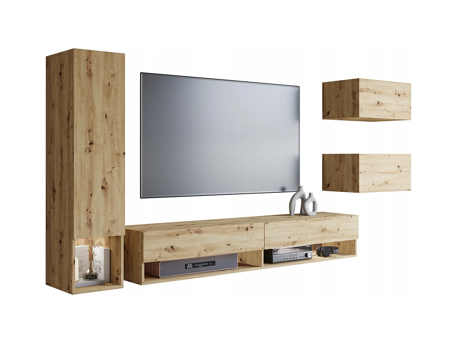 Nowoczesna meblościanka 4-elem. z LED – wiszący zestaw RTV 180 cm, ze słupkiem i szafkami, dąb artisan