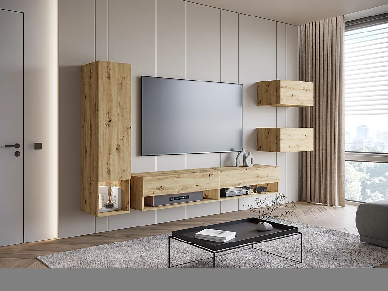 Meuble mural moderne 4 éléments avec LED – ensemble suspendu TV 180 cm, avec colonne et meubles, chêne Artisan