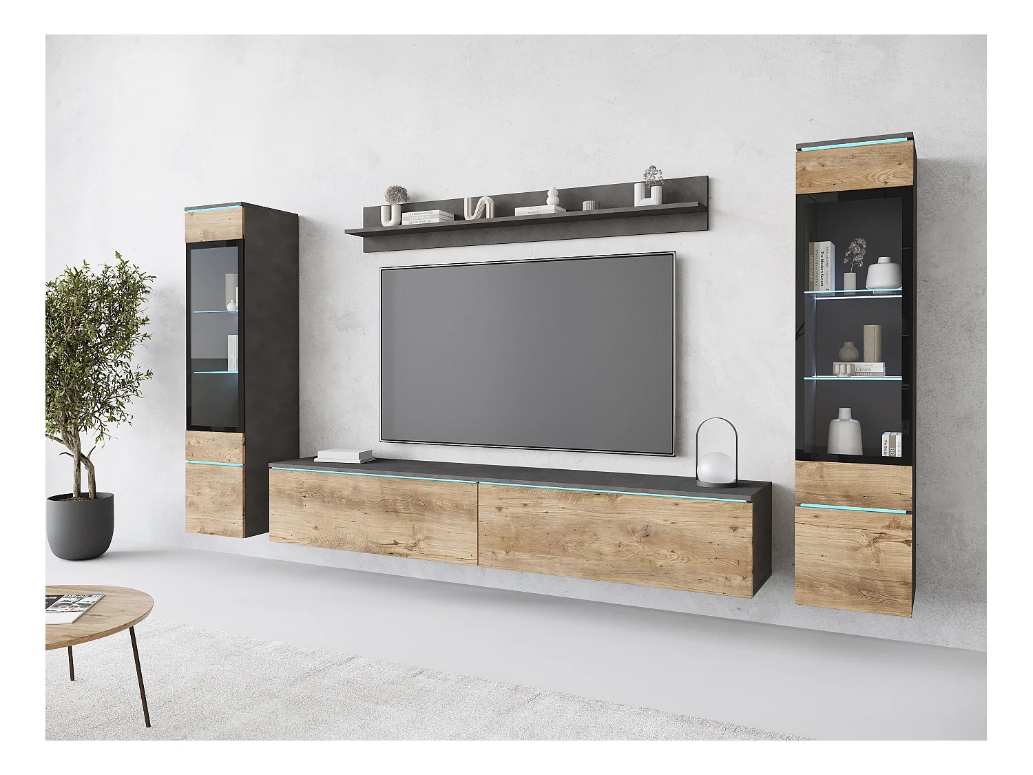 Ensemble de salon avec LED 4 éléments – meuble TV 180 cm, 2 vitrines et étagère, à poser ou suspendu, corps anthracite, façades châtaignier mat