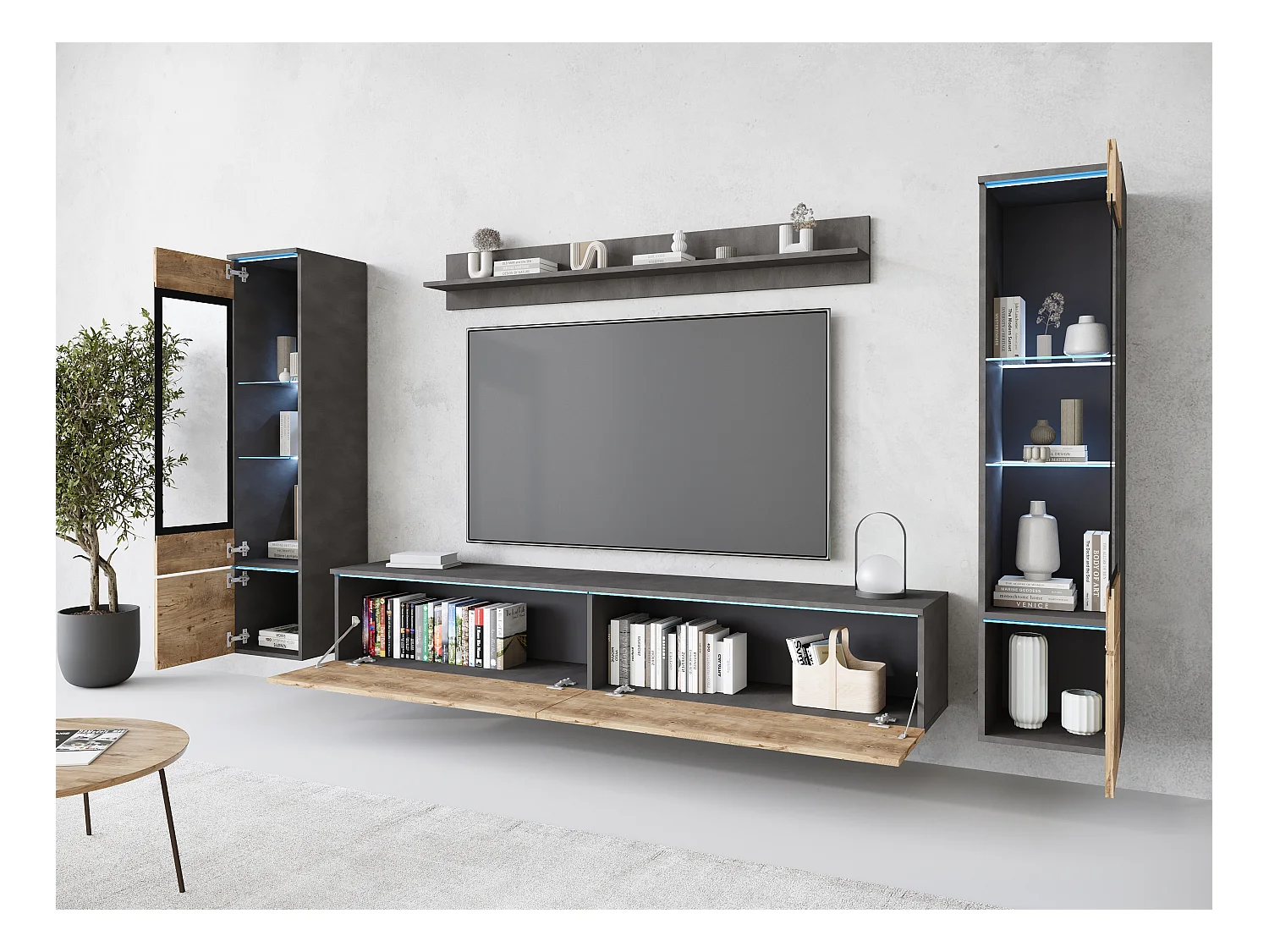 Ensemble de salon avec LED 4 éléments – meuble TV 180 cm, 2 vitrines et étagère, à poser ou suspendu, corps anthracite, façades châtaignier mat