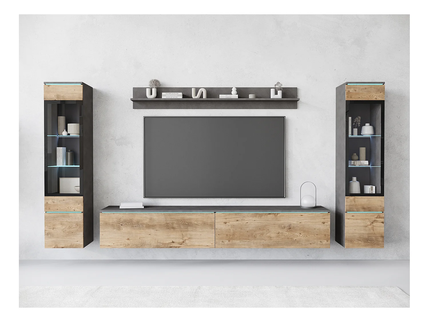 Ensemble de salon avec LED 4 éléments – meuble TV 180 cm, 2 vitrines et étagère, à poser ou suspendu, corps anthracite, façades châtaignier mat