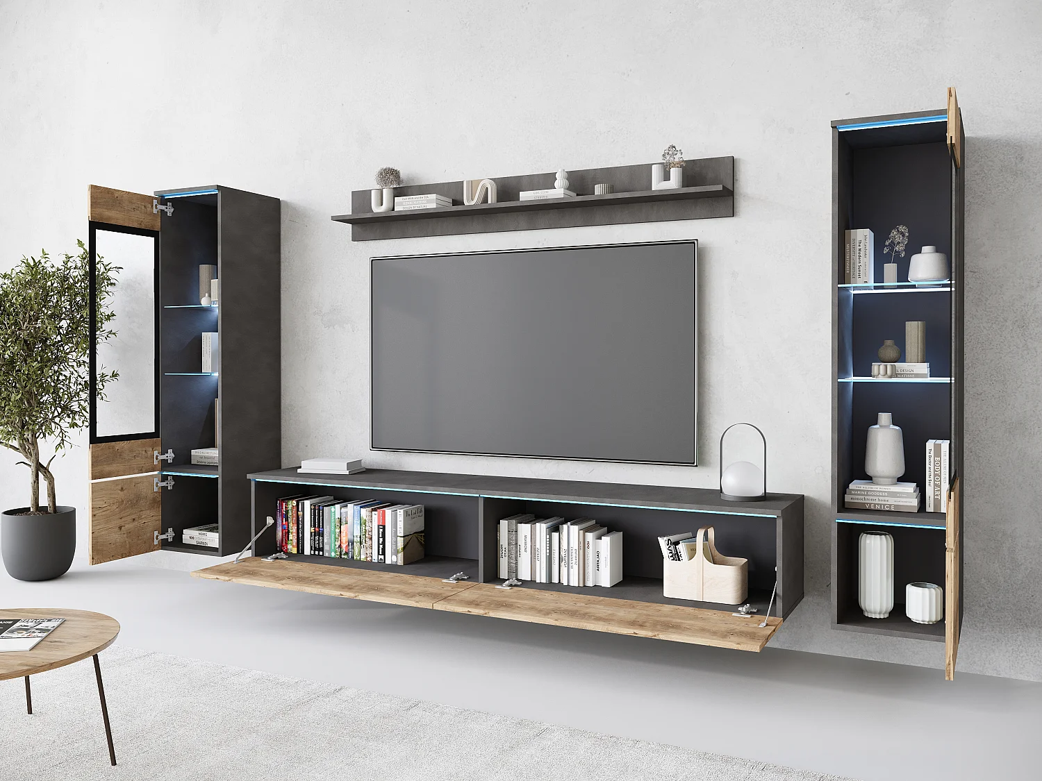 Woonkamerset met LED, 4 elementen – tv-meubel 180 cm, 2 vitrinekasten en plank, staand of hangend, romp antraciet, fronten kastanje mat