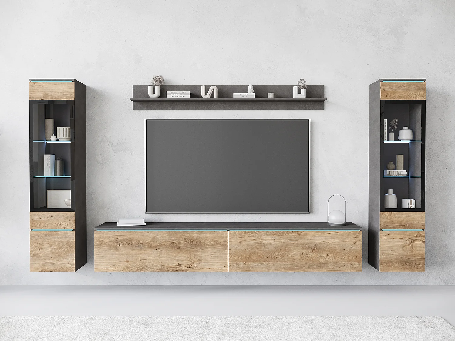 Woonkamerset met LED, 4 elementen – tv-meubel 180 cm, 2 vitrinekasten en plank, staand of hangend, romp antraciet, fronten kastanje mat