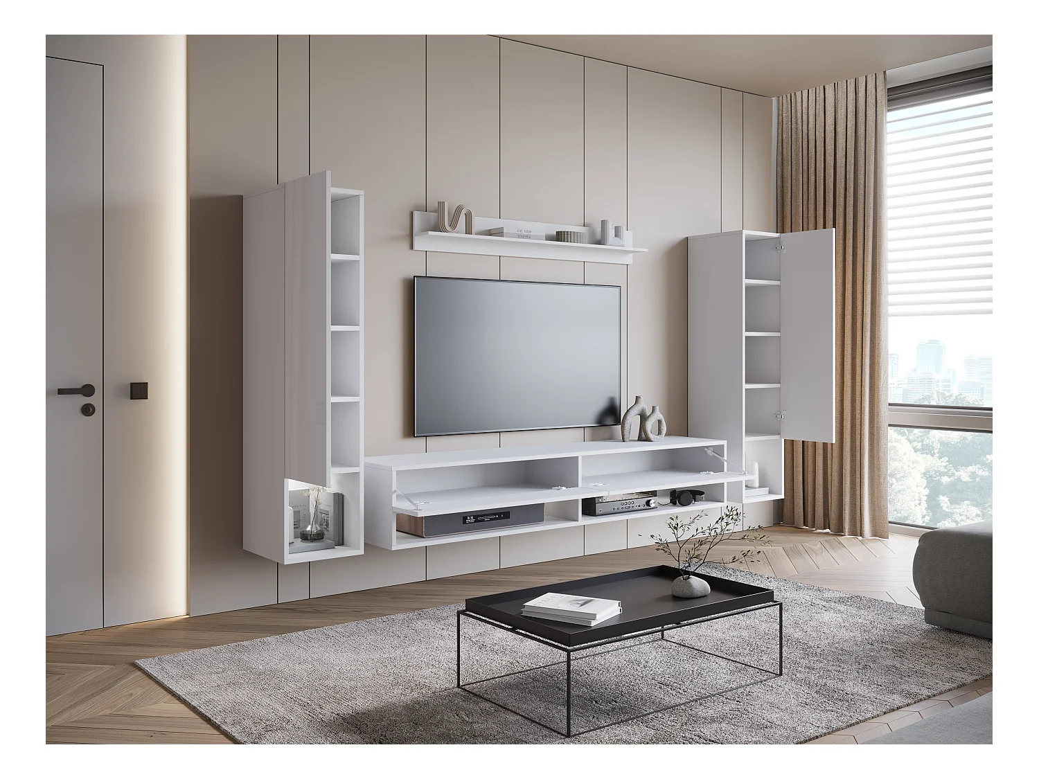 Moderne wandmeubel met LED – hangende set voor woonkamer 2 kolommen + TV-kast 180 cm + plank, corpus wit mat, fronten wit hoogglans