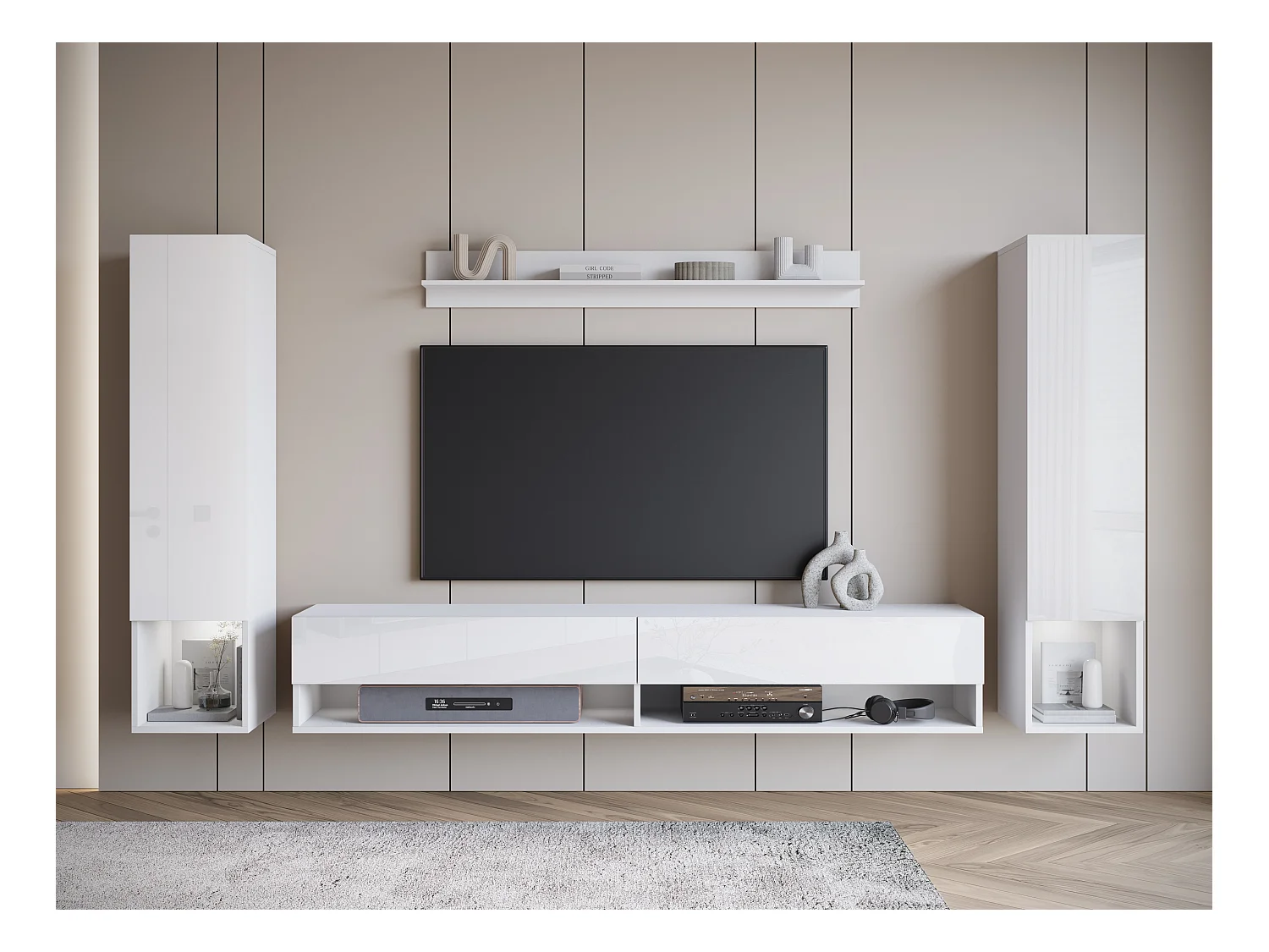 Parete attrezzata moderna con LED – set sospeso per soggiorno 2 colonne + mobile TV 180 cm + mensola, struttura bianco opaco, frontali bianco lucido