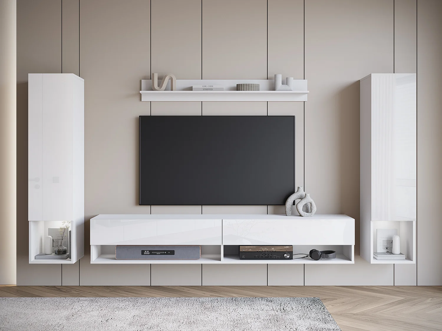 Mur TV moderne avec LED – ensemble mural suspendu pour salon 2 colonnes + meuble TV 180 cm + étagère, corps blanc mat, façades blanc brillant