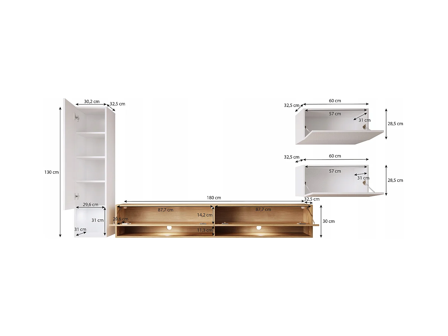 Moderne wandmeubel 4-delig met LED – hangende set TV 180 cm, met kolom en kasten, zwart mat