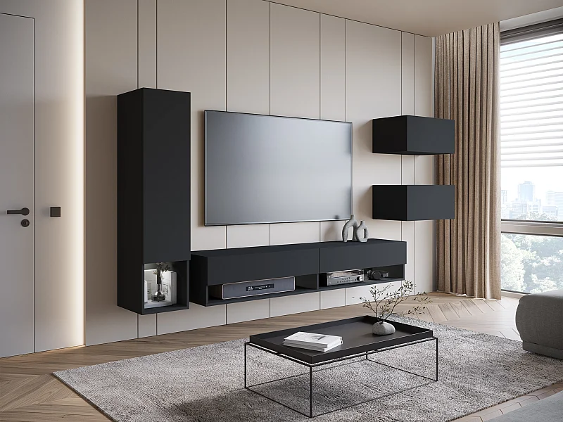 Meuble mural moderne 4 éléments avec LED – ensemble suspendu TV 180 cm, avec colonne et meubles, noir mat