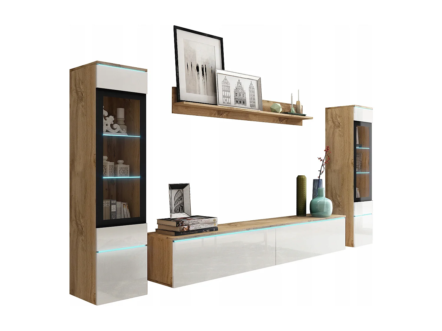 Ensemble de salon avec LED 4 éléments – meuble TV 180 cm, 2 vitrines et étagère, à poser ou suspendu, corps chêne Wotan, façades blanc brillant