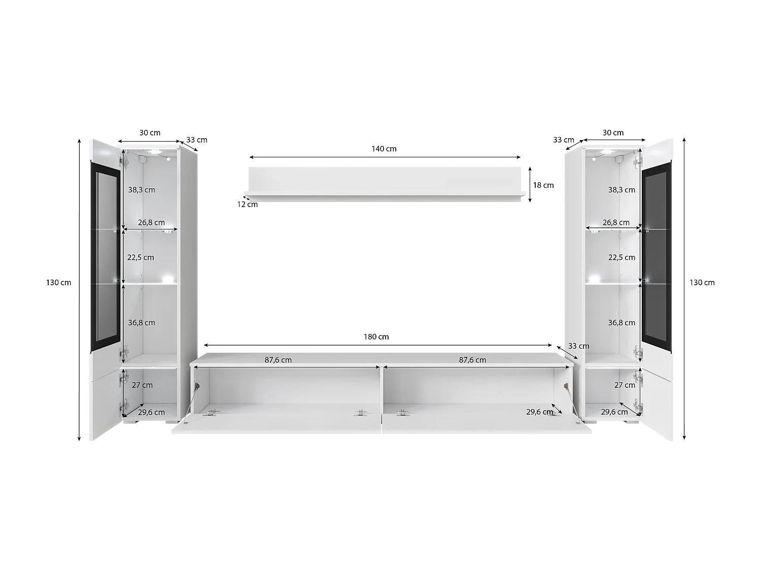 Ensemble de salon avec LED 4 éléments – meuble TV 180 cm, 2 vitrines et étagère, à poser ou suspendu, corps chêne Wotan, façades blanc brillant