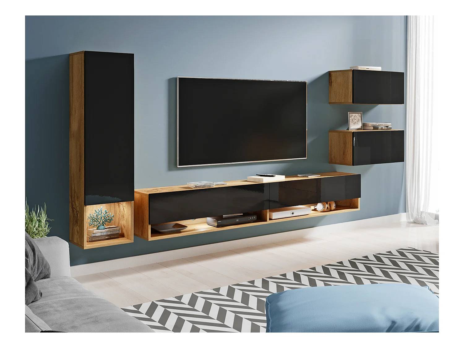 Meuble mural moderne avec LED 4 éléments – ensemble suspendu TV 180 cm, colonne, 2 meubles, corps chêne Wotan, façades noir brillant