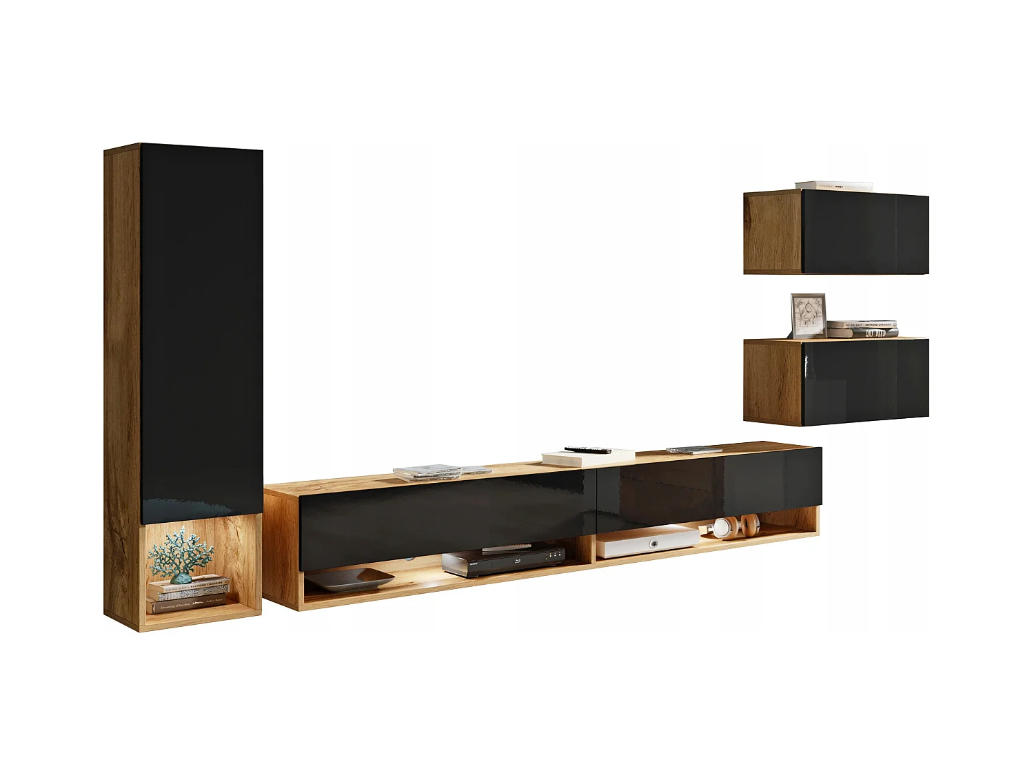 Meuble mural moderne avec LED 4 éléments – ensemble suspendu TV 180 cm, colonne, 2 meubles, corps chêne Wotan, façades noir brillant
