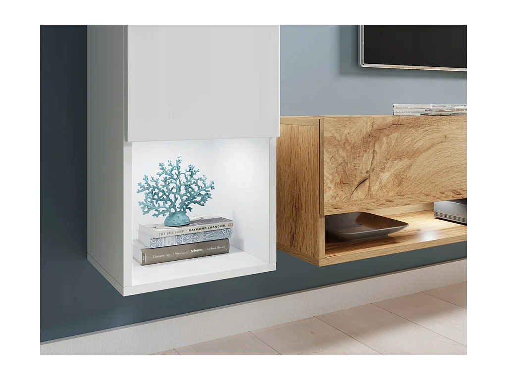 Meuble mural moderne avec LED 4 éléments – ensemble suspendu TV 180 cm, colonne, 2 meubles, corps chêne Wotan, façades noir brillant