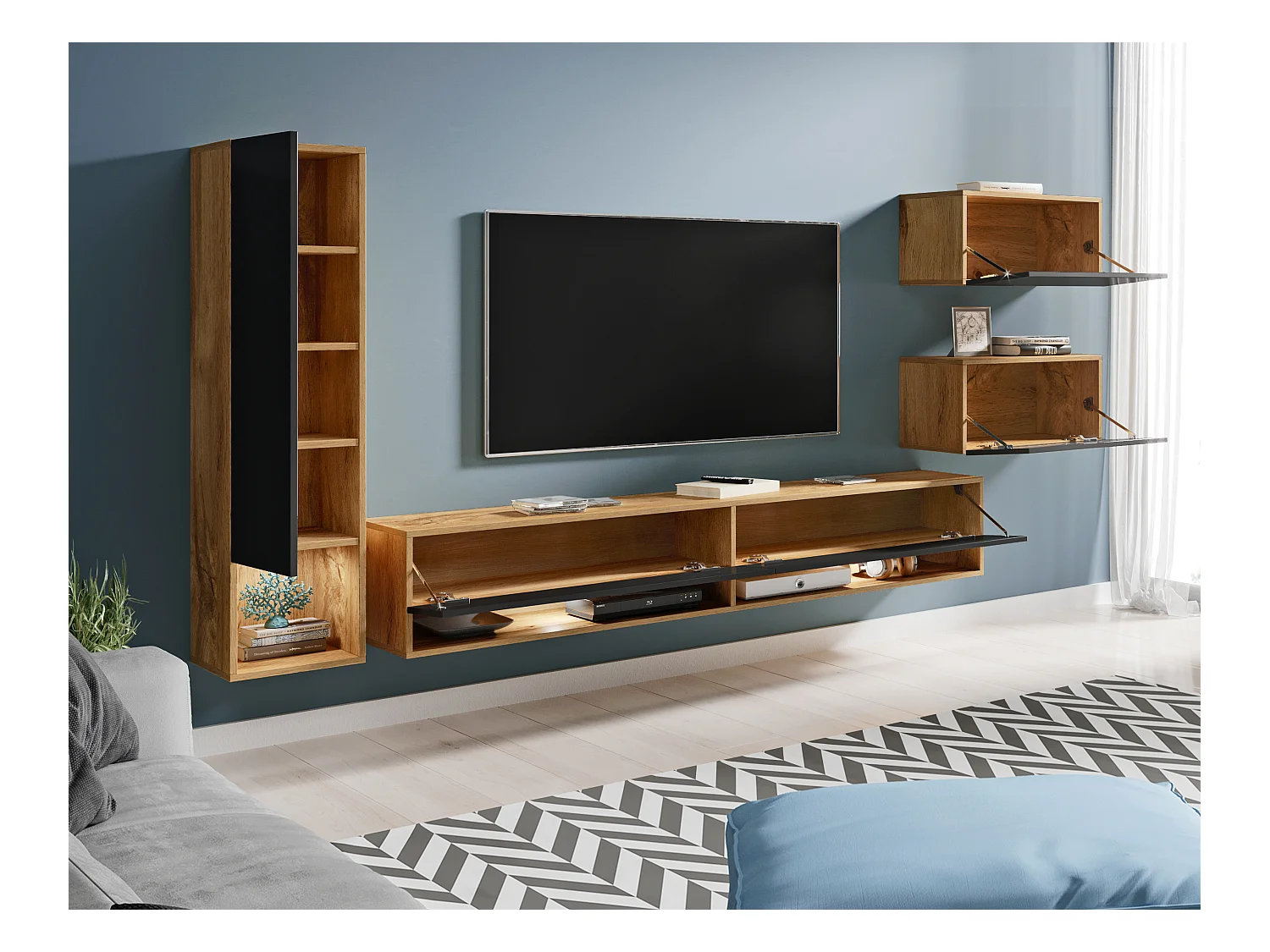 Meuble mural moderne avec LED 4 éléments – ensemble suspendu TV 180 cm, colonne, 2 meubles, corps chêne Wotan, façades noir brillant